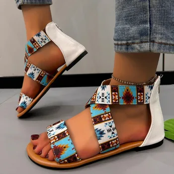 Обувь 2024 года, женские босоножки на высоком каблуке, Римские сандалии на молнии сзади, женские разноцветные туфли с ремешком на лодыжке и пряжкой на плоской подошве, женская обувь