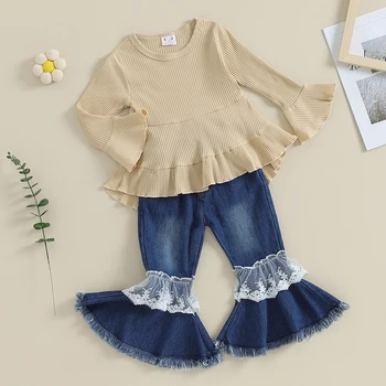 Одежда Для маленьких девочек, платье-туника с расклешенными рукавами и рюшами в рубчик, топ, кружевные джинсовые брюки-клеш, джинсовые осенние наряды