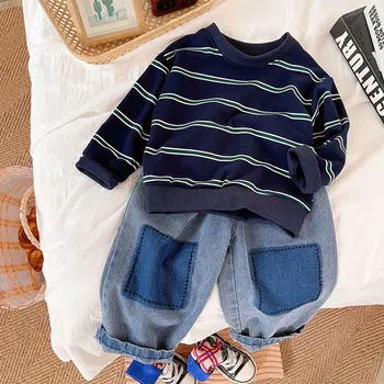 Одежда для мальчиков, Весенний комплект толстовки для мальчиков 2023 года, новая полосатая толстовка с капюшоном, детский джинсовый комплект из двух предметов