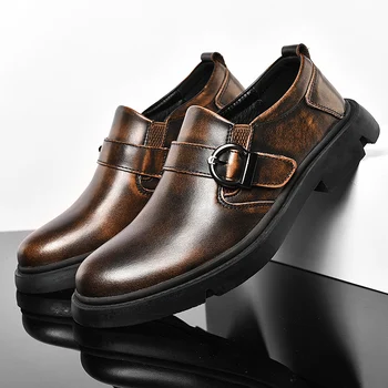 Оксфордские мужские модельные туфли, Модная деловая обувь, Кожаная минималистичная обувь, Мужская рабочая обувь, Весенне-осенняя обувь без застежки с круглым носком