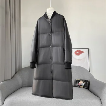 Оригинальное кожаное пальто 2024 года, осень/зима, новая бейсбольная майка, длинное пальто для хлеба, пуховик, белое гусиное пуховое теплое пальто