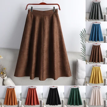 Осенне-зимняя юбка трапециевидной формы 2023 года для женщин VD4317, однотонные бархатные кожаные юбки с эластичным поясом длиной миди