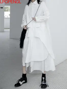 Осеннее однотонное платье-рубашка с длинным рукавом и отложным воротником, женское элегантное свободное Корейское однобортное платье трапециевидной формы неправильной формы