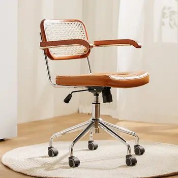Офисный стул с плетеной спинкой из искусственной кожи в стиле ретро, плетеный из бамбука, поворачивающийся на 360 градусов и поднимающийся Компьютерный стул, офисный стул для учебы, одноместное сиденье