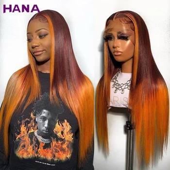 Парик из прямых человеческих волос для чернокожих женщин HD 13x6 кружевных фронтальных париков Омбре красновато-имбирного цвета 6x4 Бесклеевой парик с кружевной застежкой