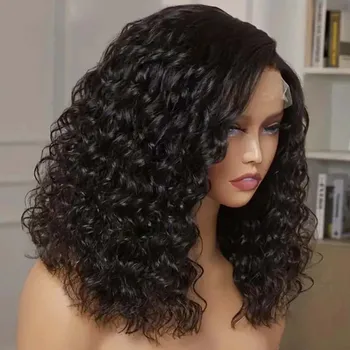 Парик с коротким бобом, парики из человеческих волос на кружеве, Бразильские парики из волнистых человеческих волос, вьющиеся Прозрачные парики из кружева 180 плотности для женщин