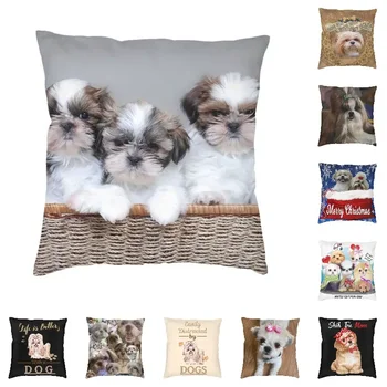 Персонализированное украшение для наволочки с тремя милыми Ши-тцу, современная подушка для собак, украшение для салона, Квадратная Наволочка