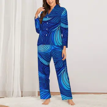 Пижама с волнами океанской воды, женская абстрактная синяя, прекрасная пижама для отдыха, Весна, 2 предмета, Эстетичный пижамный комплект большого размера