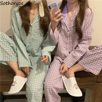 Пижамные комплекты в клетку, милые простые Женские пижамы с длинным рукавом, однобортный наряд, Прямая эластичная талия, универсальная Корейская ночнушка