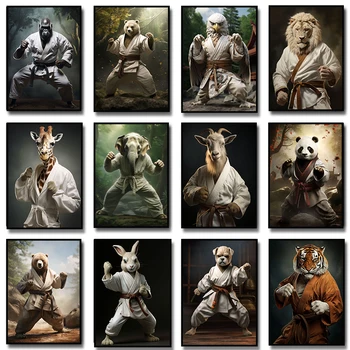 Плакат с животными для каратэ, Панда, Лошадь, Кролик, Медведь, Жираф, Тигр, Горилла, Орел, слон, картина на холсте, декор для зала домашних боевых искусств