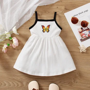 Платье PatPat Baby Girl из 95% хлопка с принтом Бабочки в рубчик на бретелях Подходит для летнего сезона, Удобное, Идеально подходит для прогулок