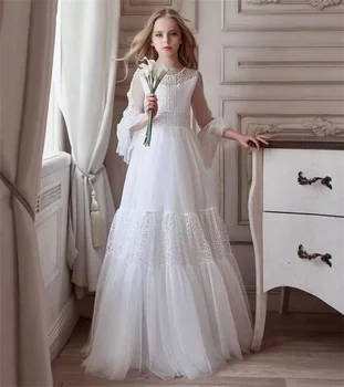 Платье с цветочным узором для девочек, Белое многослойное платье из тюля с длинным рукавом и пуговицами, Свадебное платье с цветочным узором для детского дня рождения, Праздничное платье для причастия
