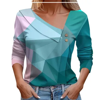 Повседневная футболка с длинным рукавом, женская мода, скошенный воротник, пуговицы, геометрический принт, Женский топ 2024, осенне-зимние топы, футболки