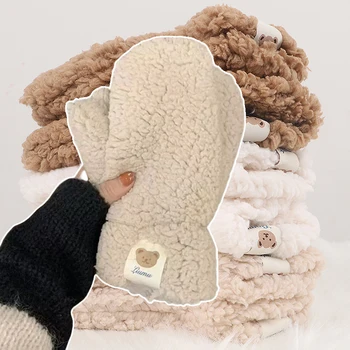 Повседневные зимние теплые вязаные варежки без пальцев для женщин и девочек, Корейские перчатки с этикеткой Kawaii Little Bear, аксессуары для одежды