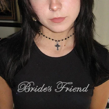 Подружка невесты, украшенная стразами, с буквенным принтом, готическая черная детская футболка, уличная женская гранжевая футболка Y2k для девочек, эстетичные тонкие топы