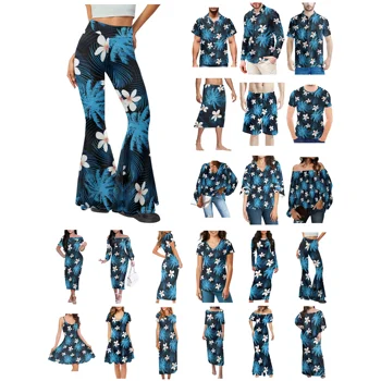 Полинезийская Тонга Гавайи Фиджи Гуам Самоа Одежда с татуировками племени Понпеи Женское платье В тон Мужская рубашка Голубая Одежда для влюбленных