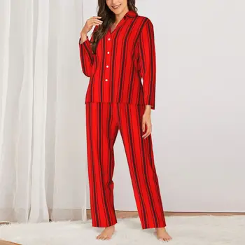 Полосатая пижама с принтом, женская черно-красная Милая пижама для спальни, осень, 2 предмета, повседневные пижамные комплекты Оверсайз с принтом