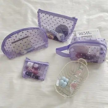 Прозрачная сетчатая сумка для хранения с принтом в виде сердца Purple Series, Портативный косметический органайзер, косметичка для макияжа, набор туалетных принадлежностей для ухода за кожей в ванной комнате