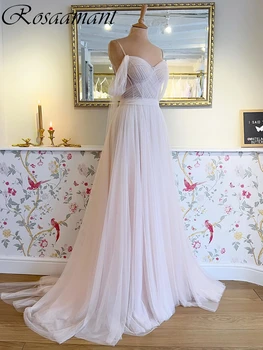 Простые свадебные платья трапециевидной формы со складками из тюля с иллюзией, бретельки-спагетти, ленты, свадебные платья Robe De Mariée