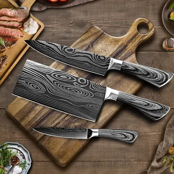 Профессиональный набор ножей шеф-повара с дамасским лазерным рисунком Для измельчения мяса, Овощерезки, тесака, кухонных ножей из нержавеющей стали