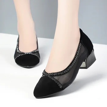 Размер 34-41 Кружевная Сетчатая Черная женская обувь на высоком каблуке, Дышащие туфли-лодочки с острым носком на массивном каблуке
