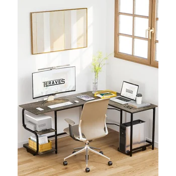 Реверсивный L-образный письменный стол Teraves с большой поверхностью, прочный угловой письменный стол 61 дюйм с полками для хранения, офис премиум-класса