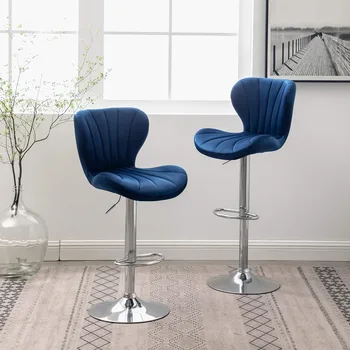 Регулируемые Поворотные Барные стулья Roundhill Furniture Ellston Velvet синего цвета, Комплект