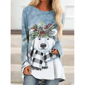 Рождественская женская футболка CLOOCL с рисунком Медведя с венком на голове, футболка с 3D принтом, свободные повседневные топы с длинными рукавами, женская повседневная одежда