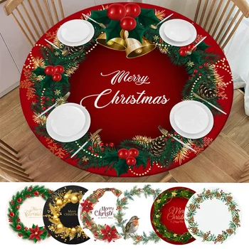 Рождественская круглая скатерть из полиэстера с эластичными краями, покрытие стола для домашней кухни, украшения для пикника, вечеринки, Настольная скатерть