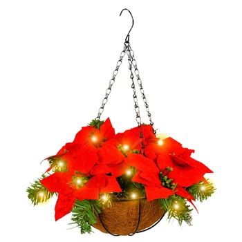 Рождественская подвесная корзина с красными цветами, 1 шт., для декора веранды во дворе, пластик + металлический Рождественский декор