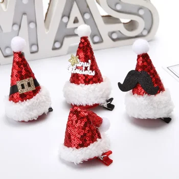 Рождественские Шляпы, заколка для волос, Повязка на голову с бородой Санта-Клауса, рождественские Головные уборы с красными блестками, Реквизит для наряжания девочек, Веселый Рождественский Декор, Подарки
