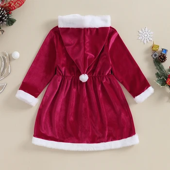 Рождественский костюм Санта-Клауса для маленьких девочек, бархатное платье с капюшоном и поясом с длинным рукавом, косплей-наряд