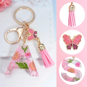 Розовая бабочка с кисточками, 26 букв, брелок, цветок, заполненный блестками, Смола, Алфавит, Металлический брелок для ключей, Женская Мужская Автомобильная сумочка, Подвеска для телефона