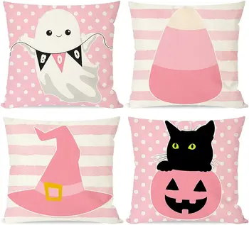 Розовая наволочка для дома на Хэллоуин, черная кошка, тыква, шляпа ведьмы, осенняя декоративная наволочка в карамельную полоску, наволочка для подушки