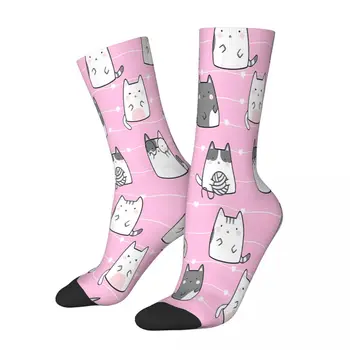 Розовые носки с рисунком кавайных милых кошек, Мужские и женские Летние Чулки в стиле Хип-хоп