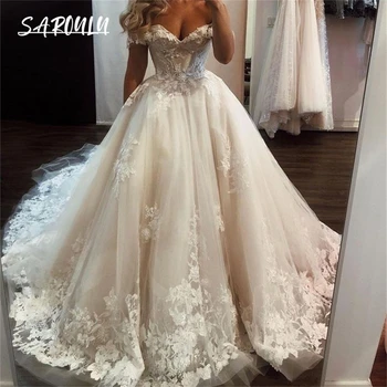 Романтическое кружевное бальное свадебное платье с аппликацией с открытыми плечами, королевская линия талии, придворный шлейф, свадебное платье на заказ