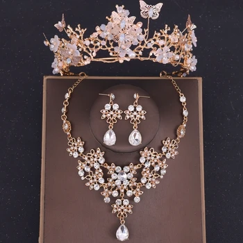 Роскошное ожерелье с хрустальной короной, набор сережек, набор свадебных украшений со стразами и бабочками, свадебные аксессуары для волос, Ювелирная Корона