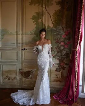 Роскошные Свадебные Платья Vestido De Novia Corte Sirena Кружевное Свадебное Платье С Длинным Рукавом И Открытыми Плечами Noiva Sob Medida Vestidos 2024