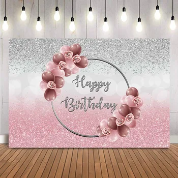 С днем рождения, розовый и серебристый фон, боке, блестящий фотофон, студийные красные и розовые воздушные шары, украшение вечеринки по случаю дня рождения