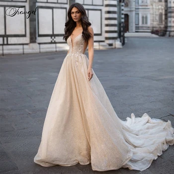 Свадебные платья трапециевидной формы Traugel Illusion с блестящей аппликацией, платье невесты на тонких бретельках, свадебное платье со шлейфом в часовне