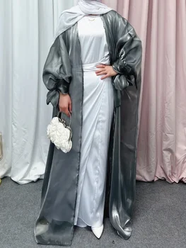 Свободное кимоно Абайя, однотонное летнее платье из Дубая с пышными рукавами, блестящее атласное мусульманское платье, Турция, открытые абайи для женщин, исламский кафтан, хиджаб, халат