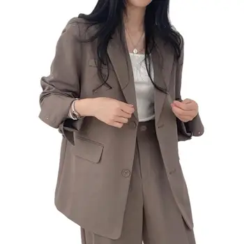 Свободный крой, стильная женская демисезонная куртка с отворотом и карманами с клапанами, длинный рукав, одноцветное изделие, свободный крой, Повседневная рабочая одежда для