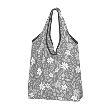 Серо-белые цветочные многоразовые сумки для покупок, складная Эко-сумка весом 50 фунтов, экологически чистая, легкая