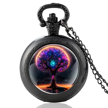 Символ черного дерева Жизни, стеклянные кварцевые карманные часы с кабошоном, винтажные мужские и женские часы с подвеской и ожерельем, подарки