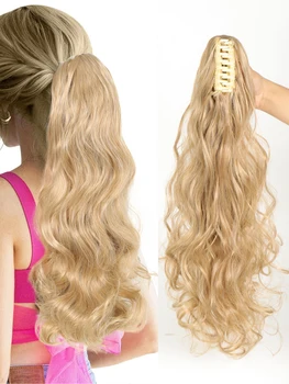 Синтез 22-Дюймовое наращивание волос Зажим для когтей Длинные Волнистые вьющиеся волосы для наращивания в хвост Естественная волна для Хэллоуина