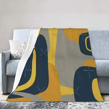 Современный ретро-абстрактный узор середины века Темно-синего, горчично-желтого и серого цветов, Ультрамягкое одеяло из микрофлиса