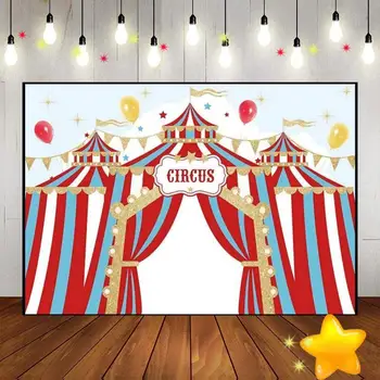 Тема Дня рождения цирка Добро пожаловать на вечеринку Carnival Red Tent с красочным воздушным шаром на заднем плане для оформления детского душа на заказ