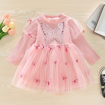 Тюлевое платье-пачка для девочек, мини-платье с бабочкой для малышей, с длинным рукавом и круглым вырезом, праздничное платье для маленьких девочек