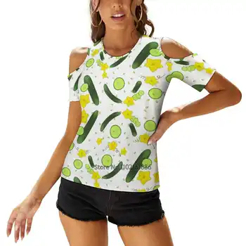 Узор из огурцов с цветами, зеленая и желтая Женская одежда, топы с V-образным вырезом, футболка на молнии, женская повседневная сексуальная футболка, Веганские фрукты
