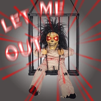 Украшения на Хэллоуин Скелет Заключенного В клетку, Страшная Кукла с мигающим светом, Жуткий Висящий Призрак, Висящая Кукла-скелет